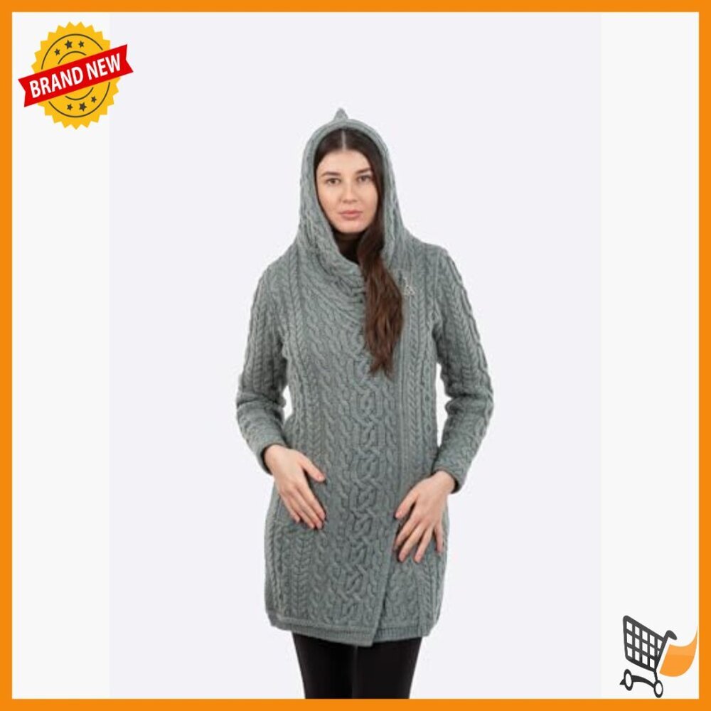 Merino Wool Zip Cardigan with Hood and Pockets, Long Length - Picture 2 of 7